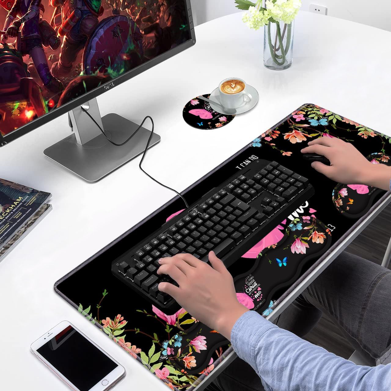 Ergonomic Keyboard Wrist Rest & Mouse Pad Wrist Rest Set,Large Gaming Desk Mat 31.5"x 11.8" with Memory Foam,Easy Typing Pain Relief for Home Office,Floral Butterfly Quote Bible Verse Philippians 4:13