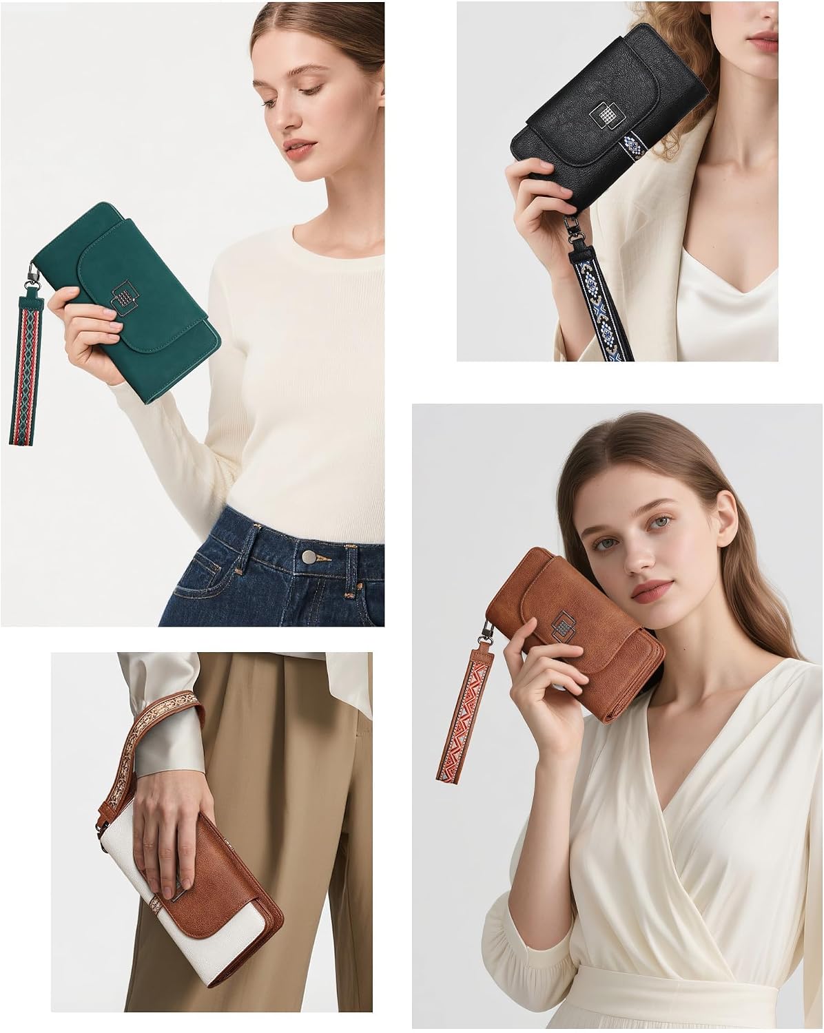 FADEON Leather Wallets for Women, Designer Large RFID Blocking Trifold Wristlet Purse with Credit Card Holder Organizer Brown