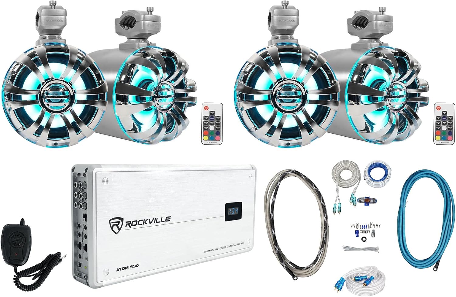 Rockville WB65KLED Bundle: (4) 6.5 in 300-Watt Peak/150-Watt RMS Metal Marine Wakeboard LED Tower Speakers with Remote, Atom S30 4-Channel Marine Amplifier, RMWK4 Amp Kit, MRCA25 RCA Cable, 7-Items
