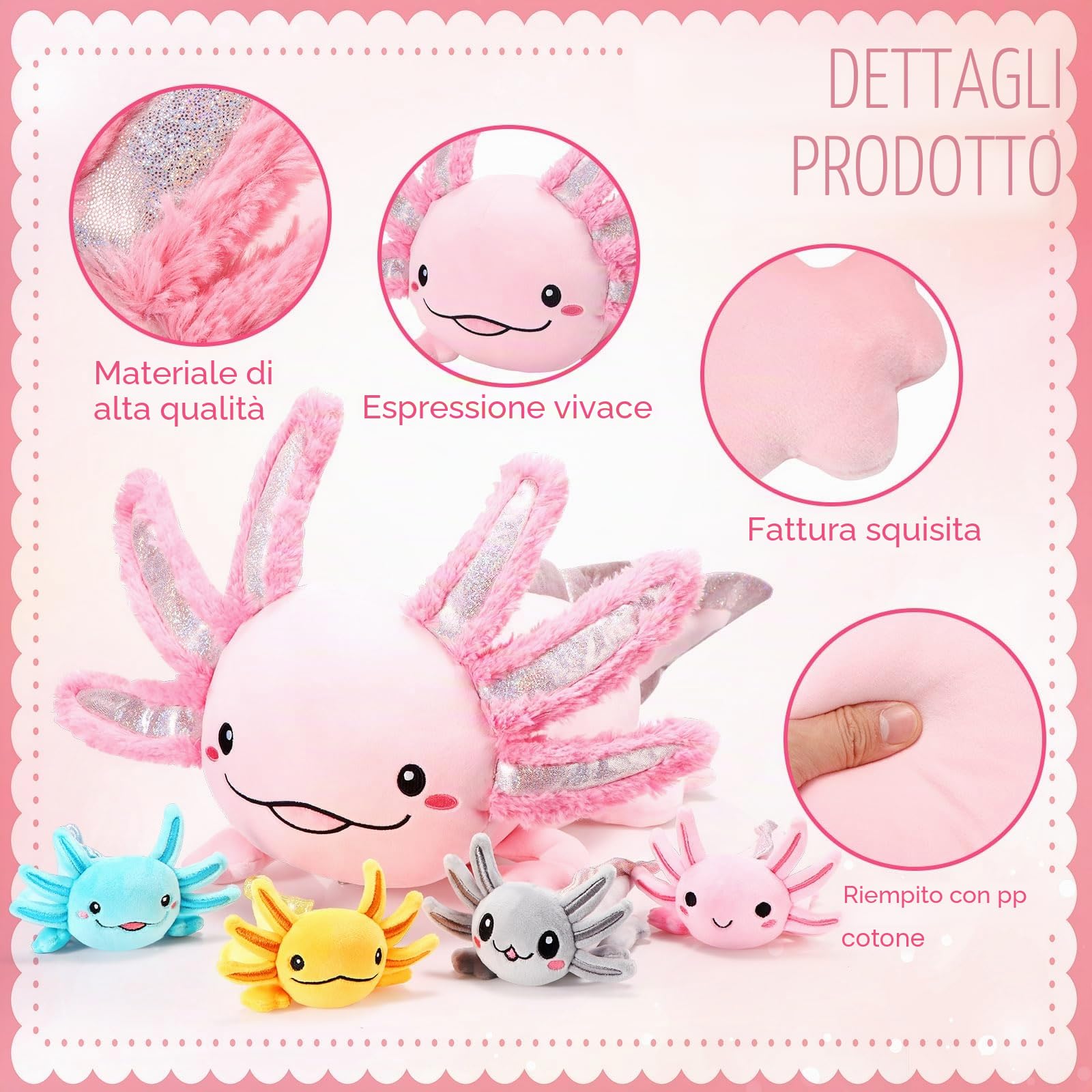 Aoriher Set di Peluche Axolotl da 5 Pezzi Peluche Mamma Axolotl da 60 cm con 4 Simpatici Bambini Axolotl di Peluche nella Sua Pancia Morbida Bambola di Axolotl per Ragazzi Regalo di Natale Compleanno