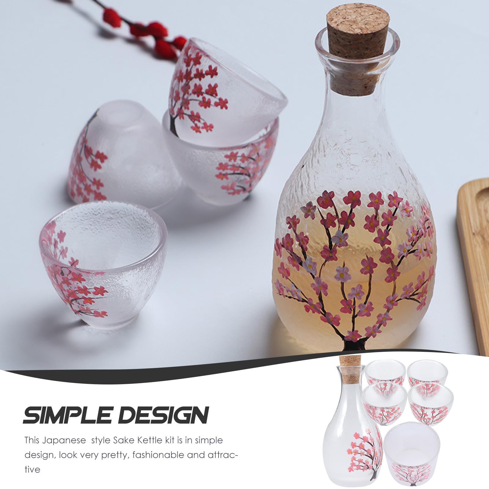Ensemble de Saké Japonerie Fleurs de Cerisier en Verre et Bois