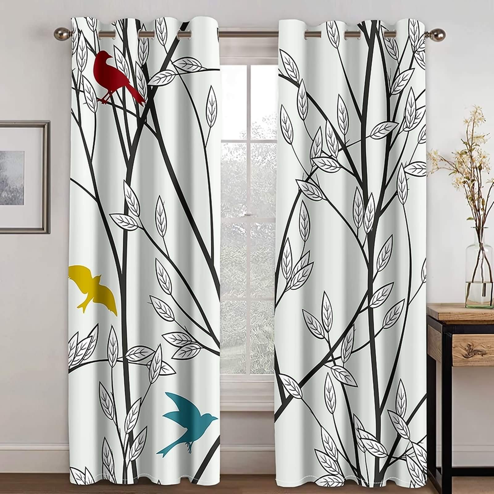 Daesar Schlafzimmer Vorhänge Gardinen mit Ösen 2er Set Zweige mit Blättern und Vögeln, Vorhänge Fenster Blickdicht Wohnzimmer 214x115CM Verdunklungs Vorhang Kinderzimmer Modern Schwarz Weiß Rot Gelb