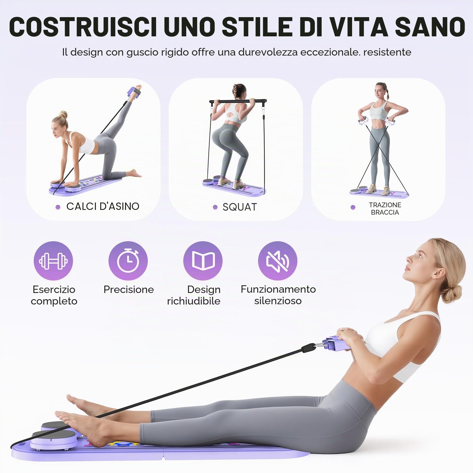 Mini riformatore Pilates 6 in 1 con contatore intelligente, tavola pilates con bande di resistenza, rullo di rimbalzo automatico, tavola addominale pieghevole
