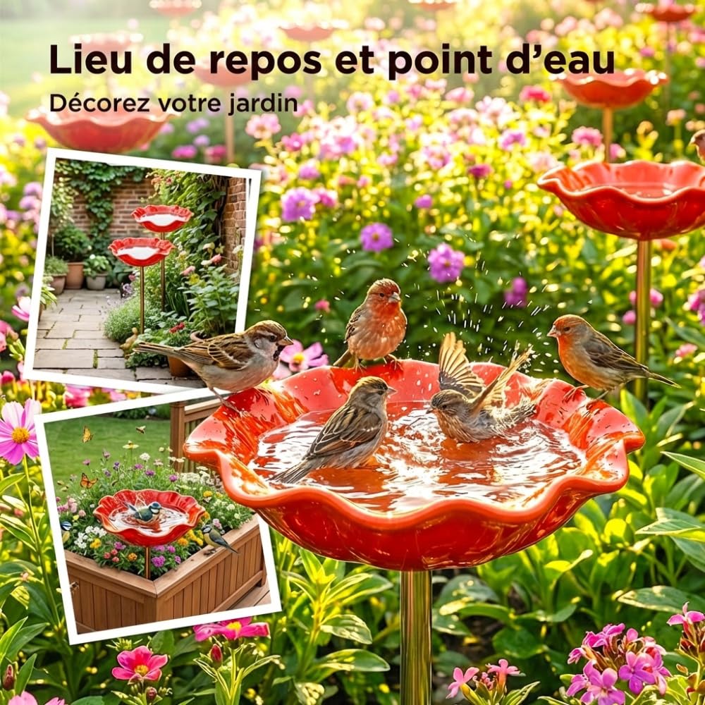 Abreuvoir Oiseaux, 2026 Nouveau Bain Oiseaux Décoratif Métal Motif Fleurs, Handmade Metal Flower Garden Stake, Bain d’Oiseau Oiseauxs Résistante Intempéries Fleurs Abreuvoir À Abeilles (Rouge)
