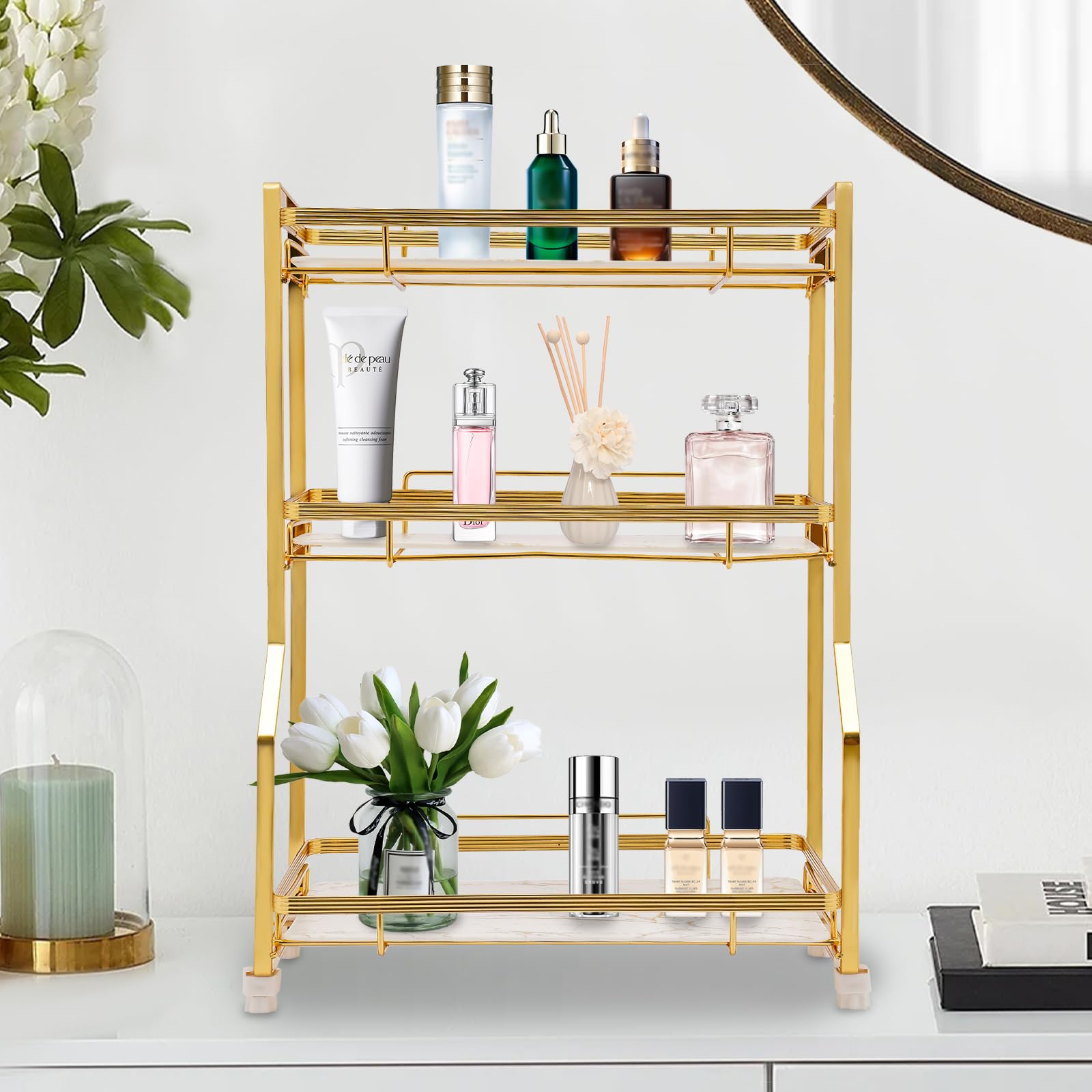 GDNTMU 3 Tier Bathroom Countertop Organizer, Gold Bathroom Vanity Counter Organizer with Small Storage Basket for Skincare Makeup Perfume (White, Gold)