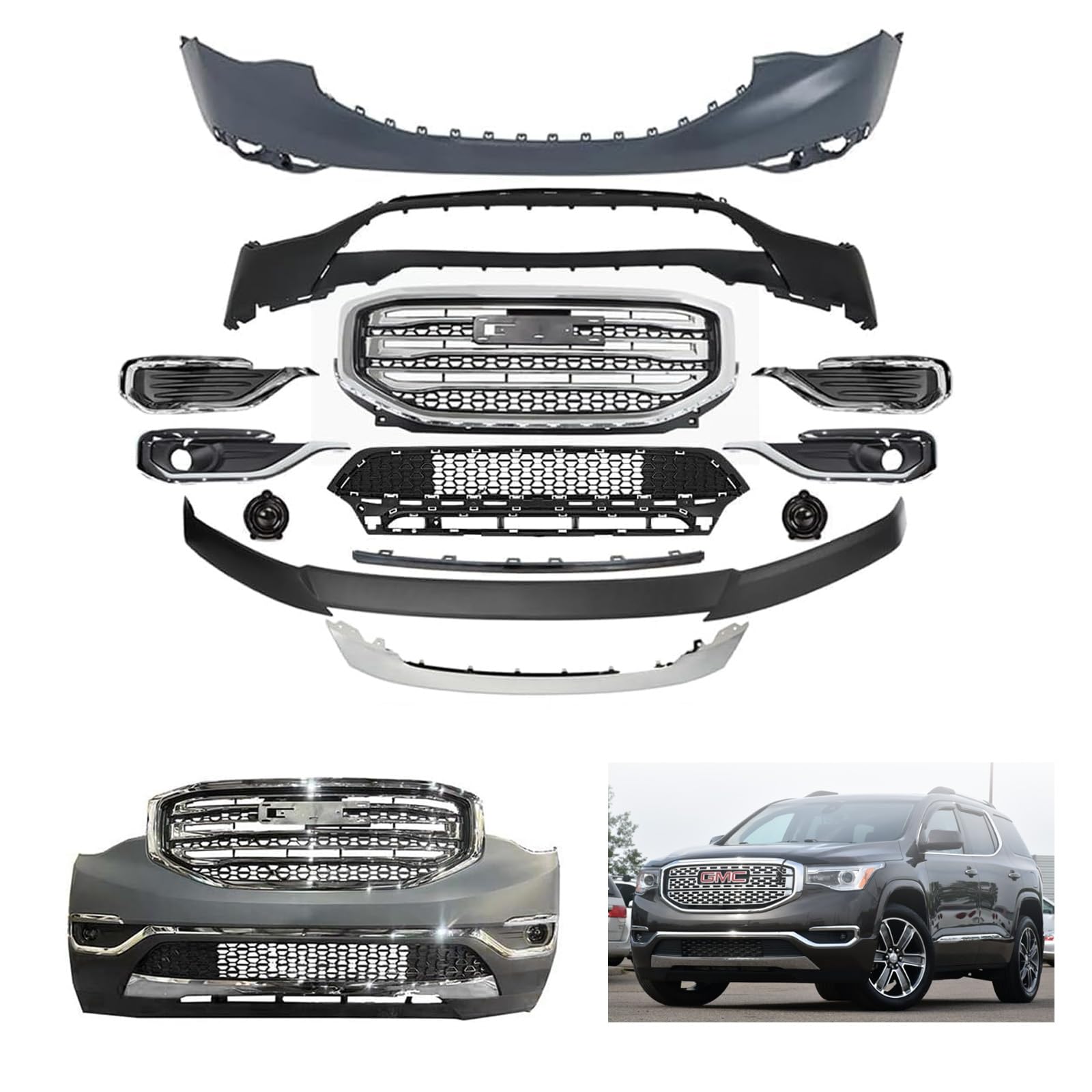 Acadia Front Bumper Cover Grille Kit Fits 2017 2018 2019 G-M-C Acadia SL SLE SLT Expt Denali, w/Upper & Lower Grille, W/Fog Lights, Without Sensors Holes,Full Front Bumper Set
