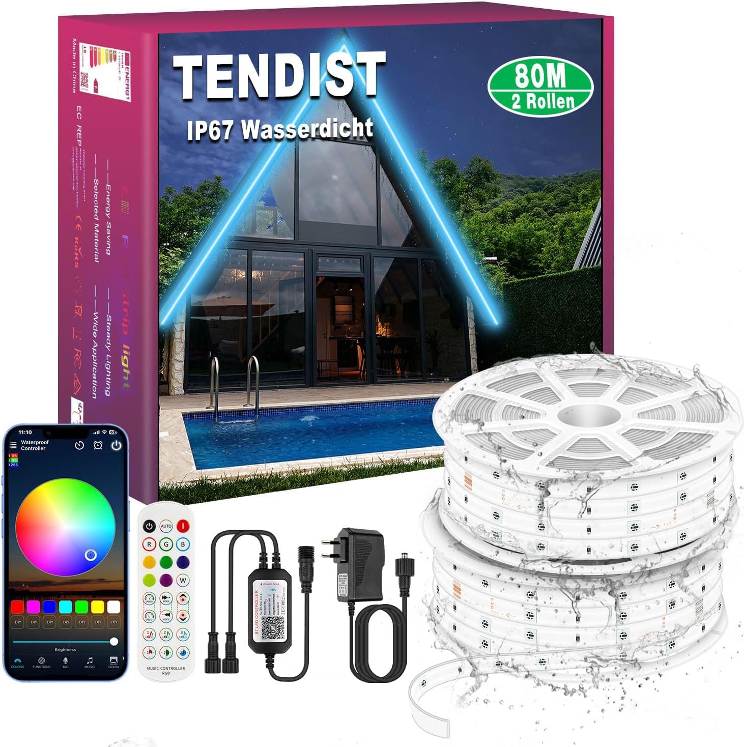 Striscia LED RGB IP67 per esterni, 24 V, impermeabile, con sincronizzazione musicale, impermeabile, autoadesiva, per gazebo, illuminazione esterna (80 m)