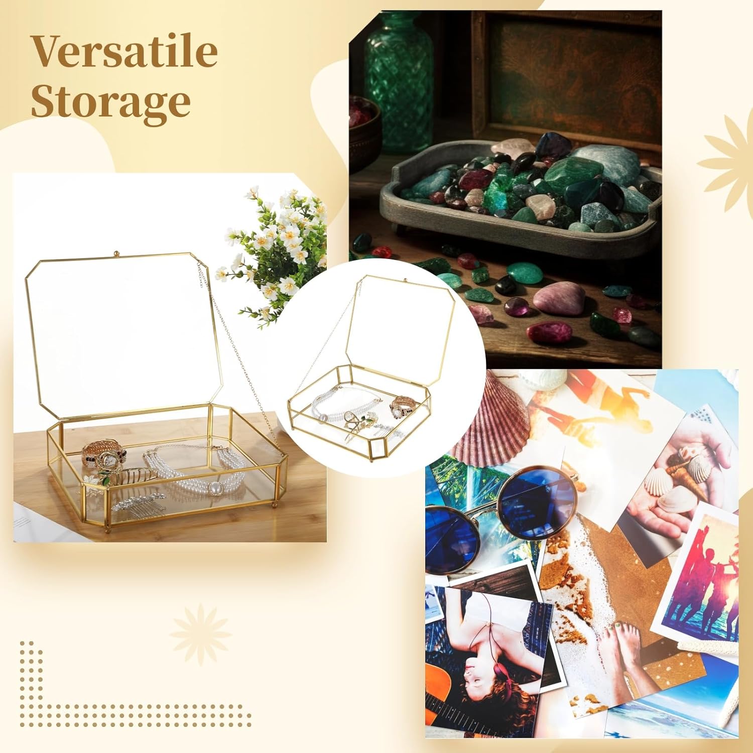 Large Octagon Glass Box, Clear Trinket Box with Hinged Lid, Jewelry Display Box, Gold Keepsake Organizer, Collection Display Case for Cosmetics, Perfume, Keepsakes 10.4×8.6×2.2"