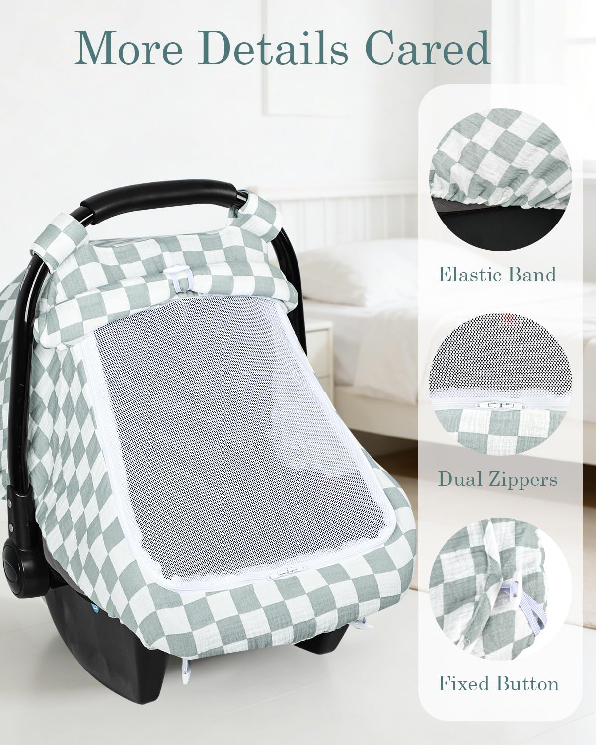 DILIMI Car Seat Covers for Babies, Muslin Cotton Baby Car Seat Cover with Breathable Mesh Window, Summer Infant Car Seat Canopy for Boys Girls Newborn, Green Plaid - 4