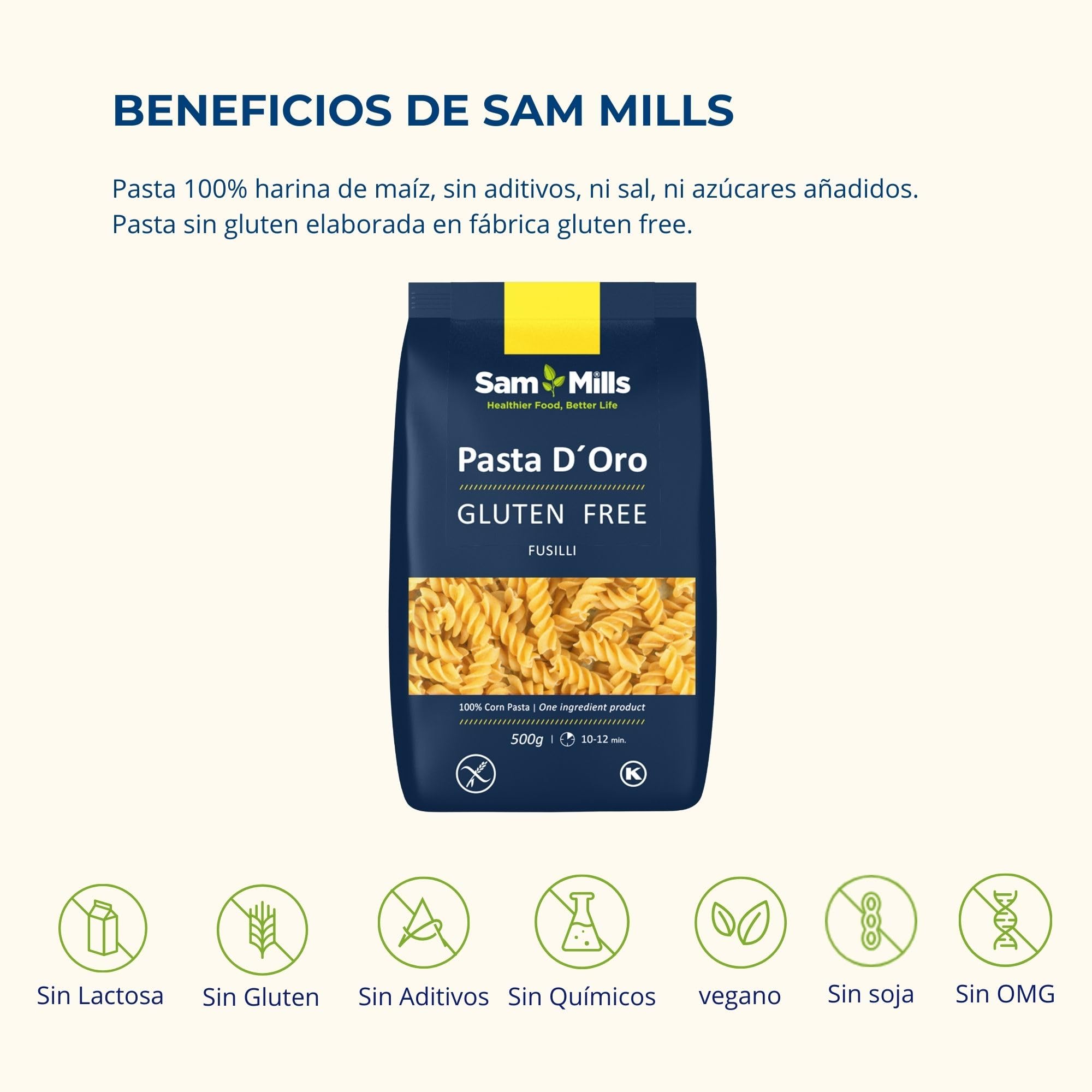 Sam Mills - Fusilli Sin Gluten - 1 paquete de 500 g - 100% Harina de Maíz - Fabricado en Instalaciones Sin Gluten - Mejora el Tránsito Intestinal - Ideal para Dietas Veganas - 5