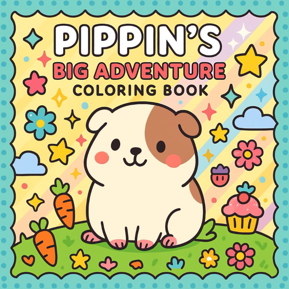 Pippin’s Big Adventure Coloring Book: Join Pippin the guinea pig on a kawaii adventure! This fun coloring book features bold, easy designs and joyful scenes—perfect for kids and guinea pig lovers.