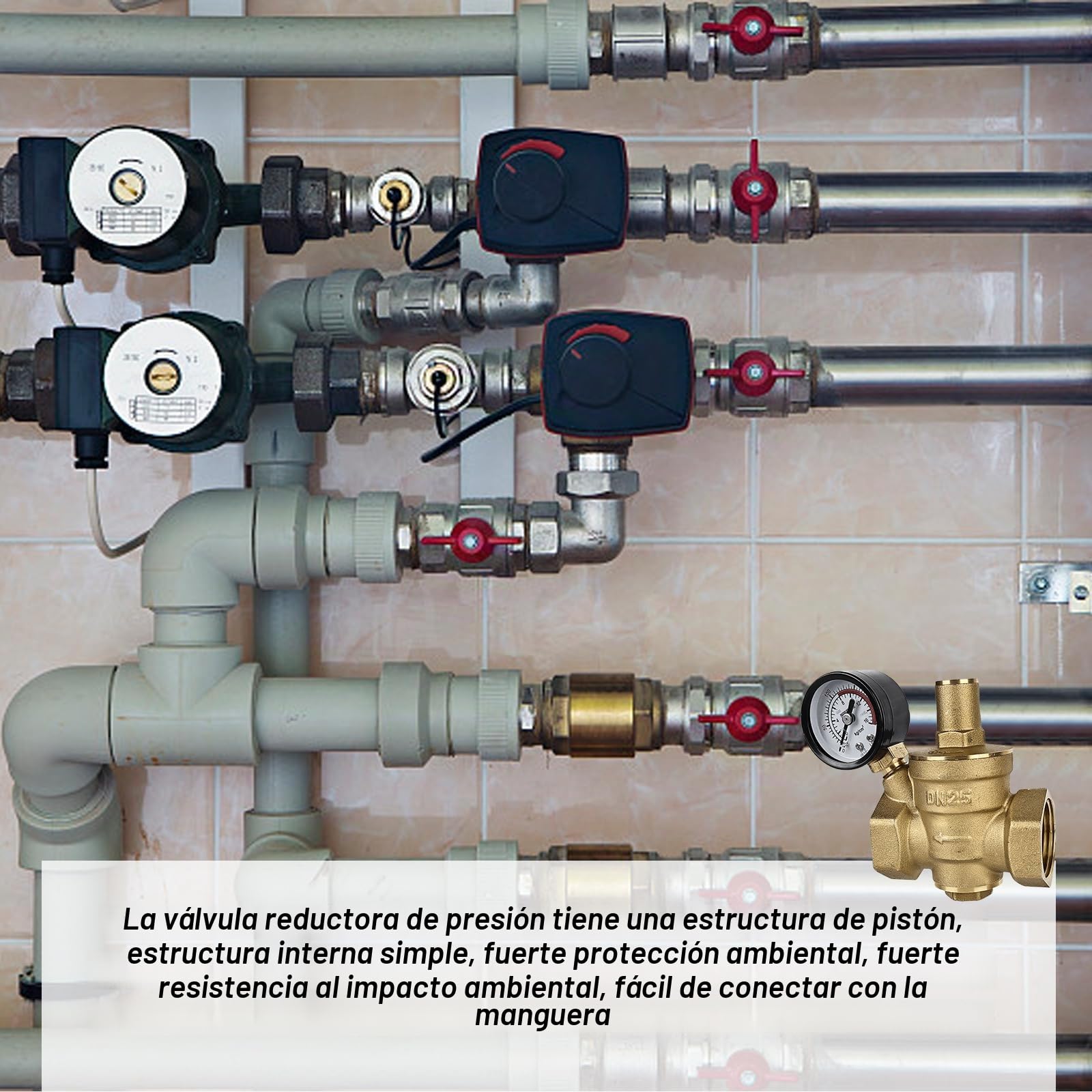 Regulador de presión de agua de 1 pulgada con manómetro: HOMURY DN25 reductor de presión de agua, regulador de presión de agua ajustable, reductor de presión de agua, 100% latón de alta dureza