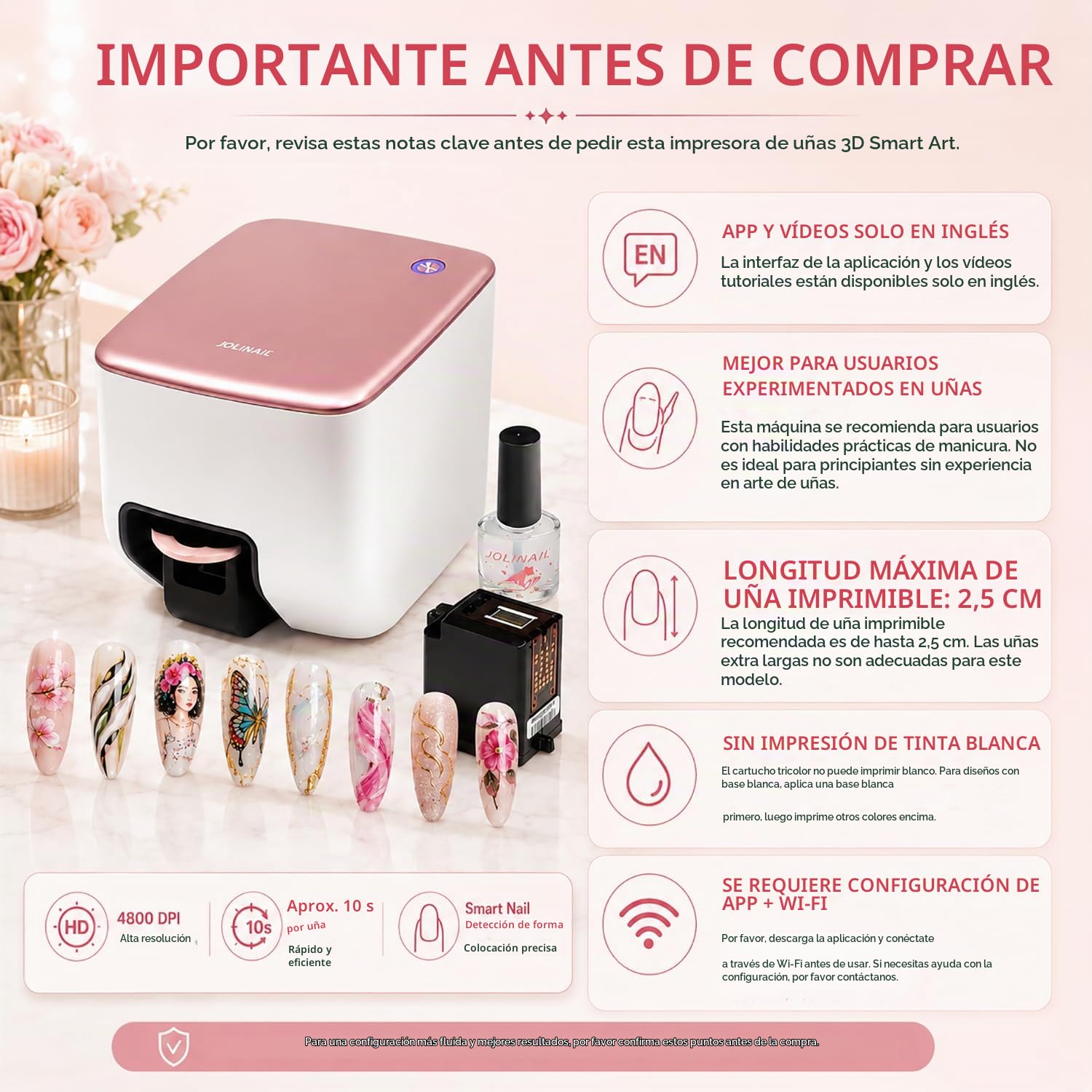 Impresora de Uñas Portátil, Máquina de Arte de Uñas Profesional Calidad Salón, Reconocimiento Inteligente, 4800 DPI, Impresión Rápida 10s, para Hogar, Viajes y Salón, Crea Tus Propios Diseños