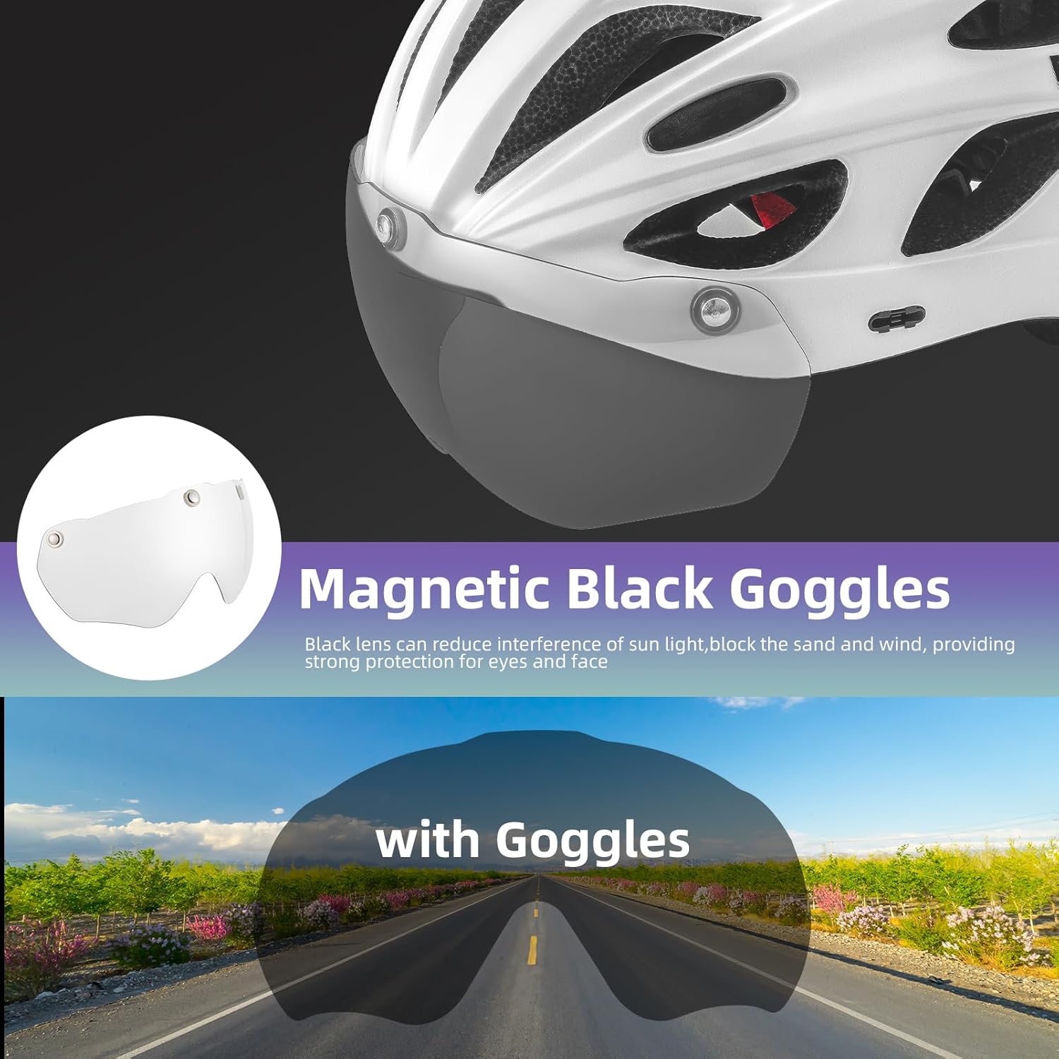 ROCKBROS Bike Helmet for Adult Men Women with Suggested Fit 58-65cm, Detachable Magnetic Goggles & Sun Visor, Lightweight with Adjustable Side and Chin Strap, Suitable for Myopia Glasses
