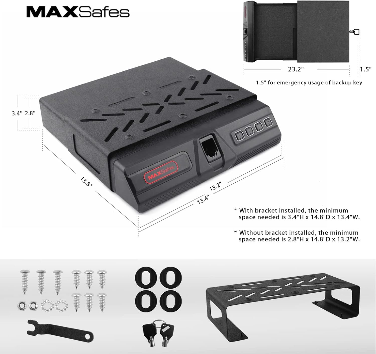 Package contents including safe, mounting bracket, screws, and keys