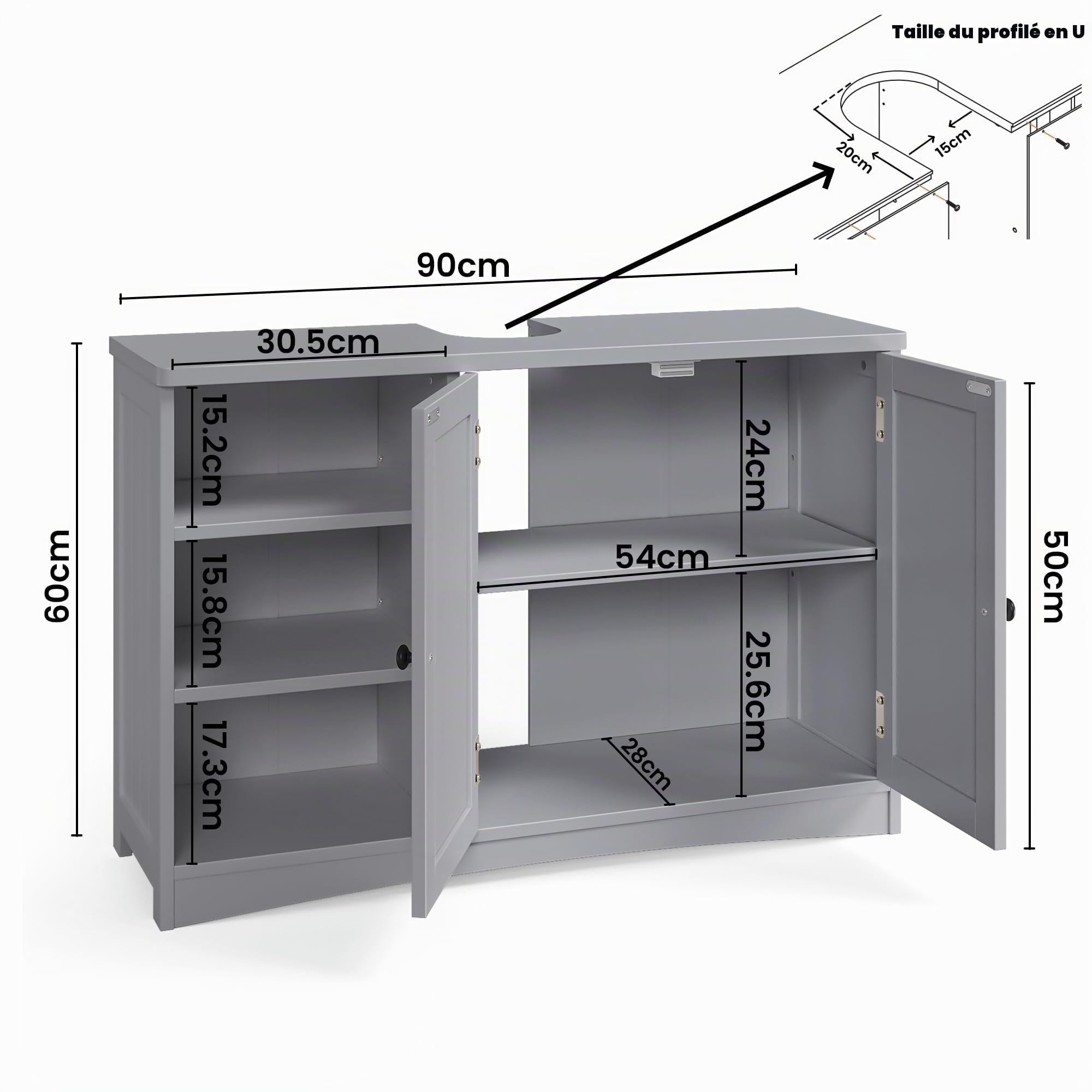 Bealife Meuble sous Lavabo, Meuble de Salle de Bain, Placard Salle de Bain avec 2 Portes, Compartiment Ouvert, Étagère Réglable, 30x90x60 cm, Gris