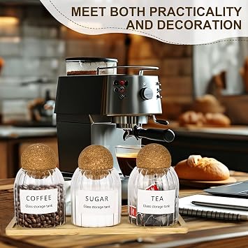 Tea Coffee and Sugar Canisters Set - Set of 3 Cork Ball 500ml Glass Jars,with Twooden tray, Tea Coffee Sugar Canisters, Teas Coffees Sugar Storage Set Decorative Storage Tins for Home Kitchen