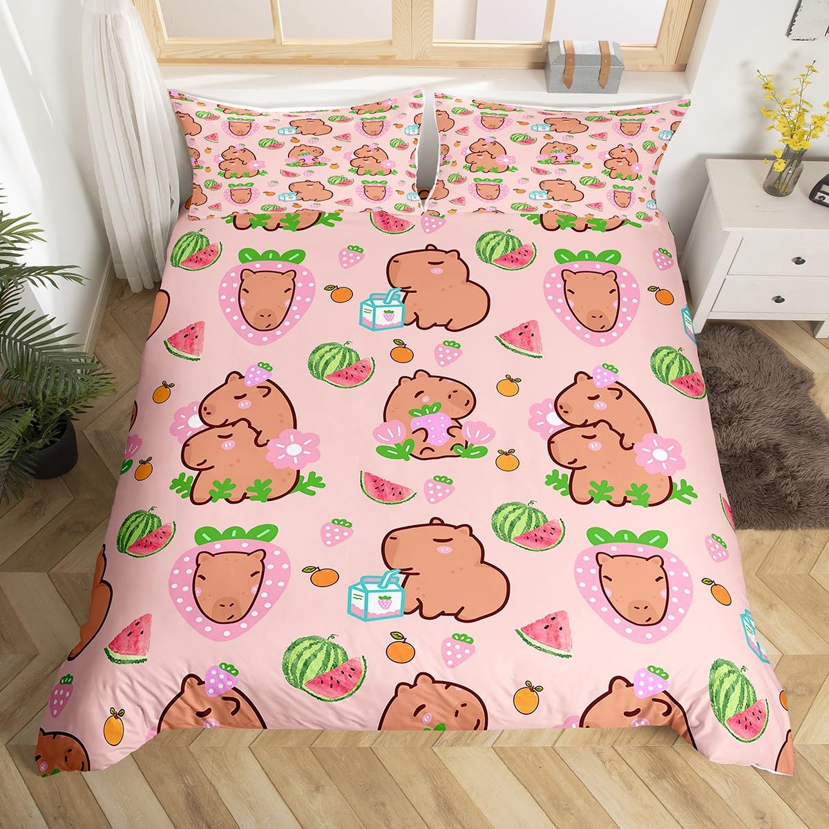 Set di biancheria da letto singolo per bambini e ragazze, con copripiumino per amanti dei capibara, decorazione per camera da letto di bambini e ragazze, copripiumino con motivo di roditori,