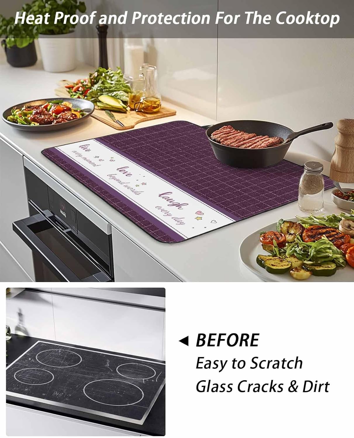 Stove Top Cover Live Love Laugh Stove Cover for Electric Stove Top Purple Buffalo Plaid Glass Cooktop Covers Anti-Slip Mat Heat Resistant Countertop Protector Kitchen Decor 31"x24"