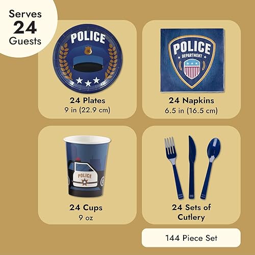 Miniatura 5 de Juvale Decoraciones de fiesta de cumpleaños con temática de policía, juego de 144 piezas, color azul, suministros para fiestas de policía con platos