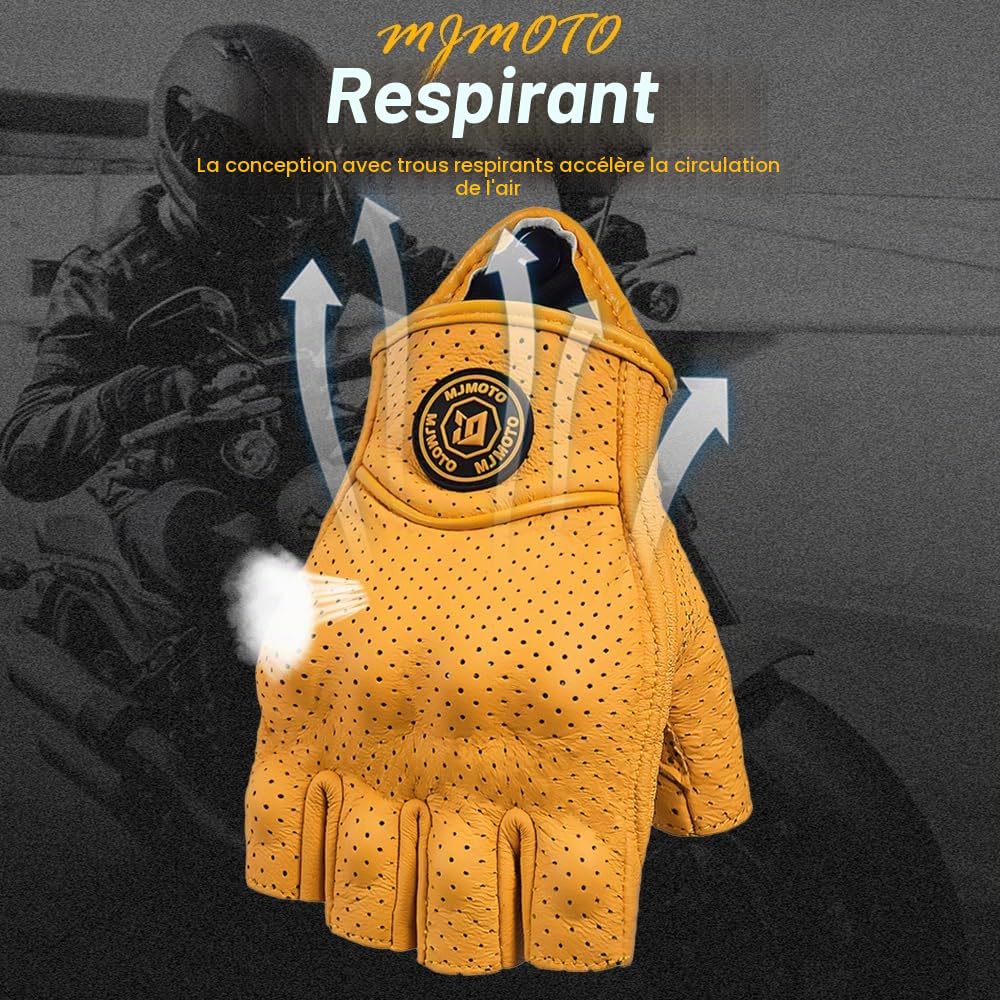 Gants rétro demi-doigts jaunes en cuir unisexe | Perforations respirantes, poignée antidérapante, fermeture
