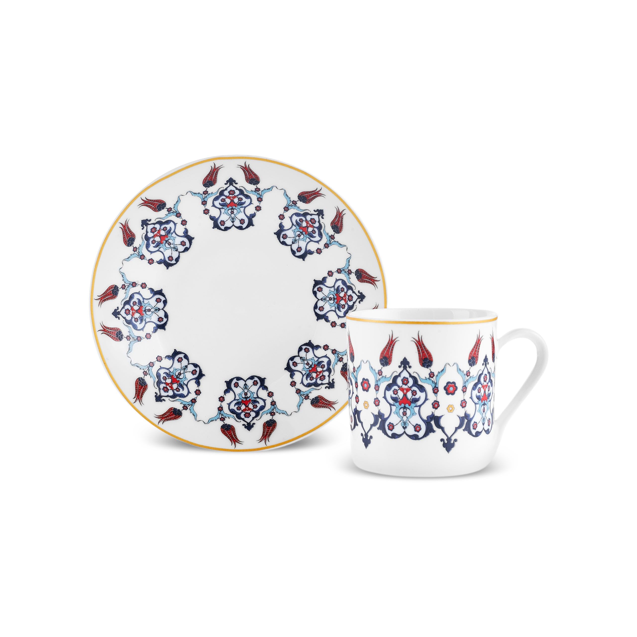KARACA Haliç Mug Set for 6 People, 80 ml, Blue Figure - White, 12 Piece Set