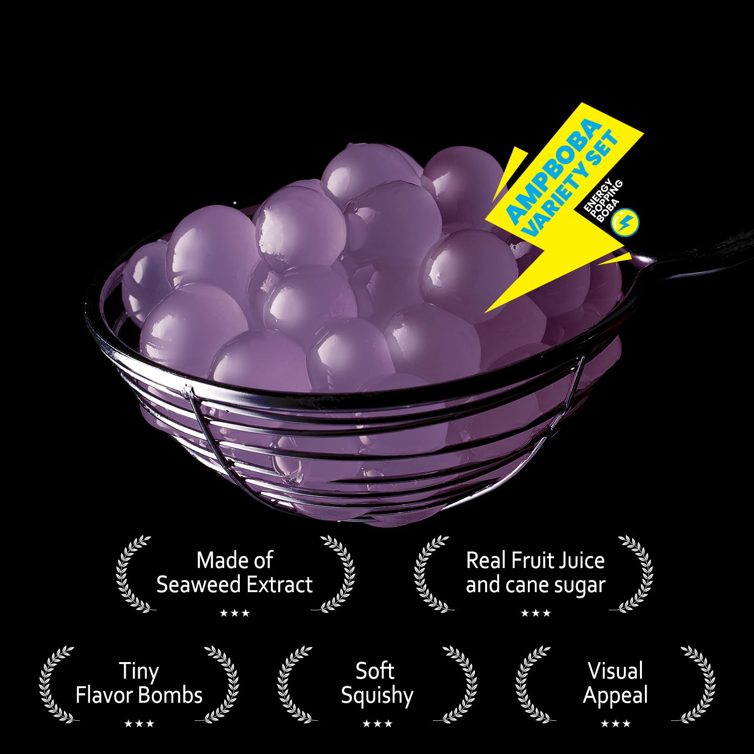 AMP BOBA Energy Popping Boba - Black Currant Flavor, 7.04 lbs Bottle - Caffeine-Free Topping for Bubble Tea, Desserts & Drinks