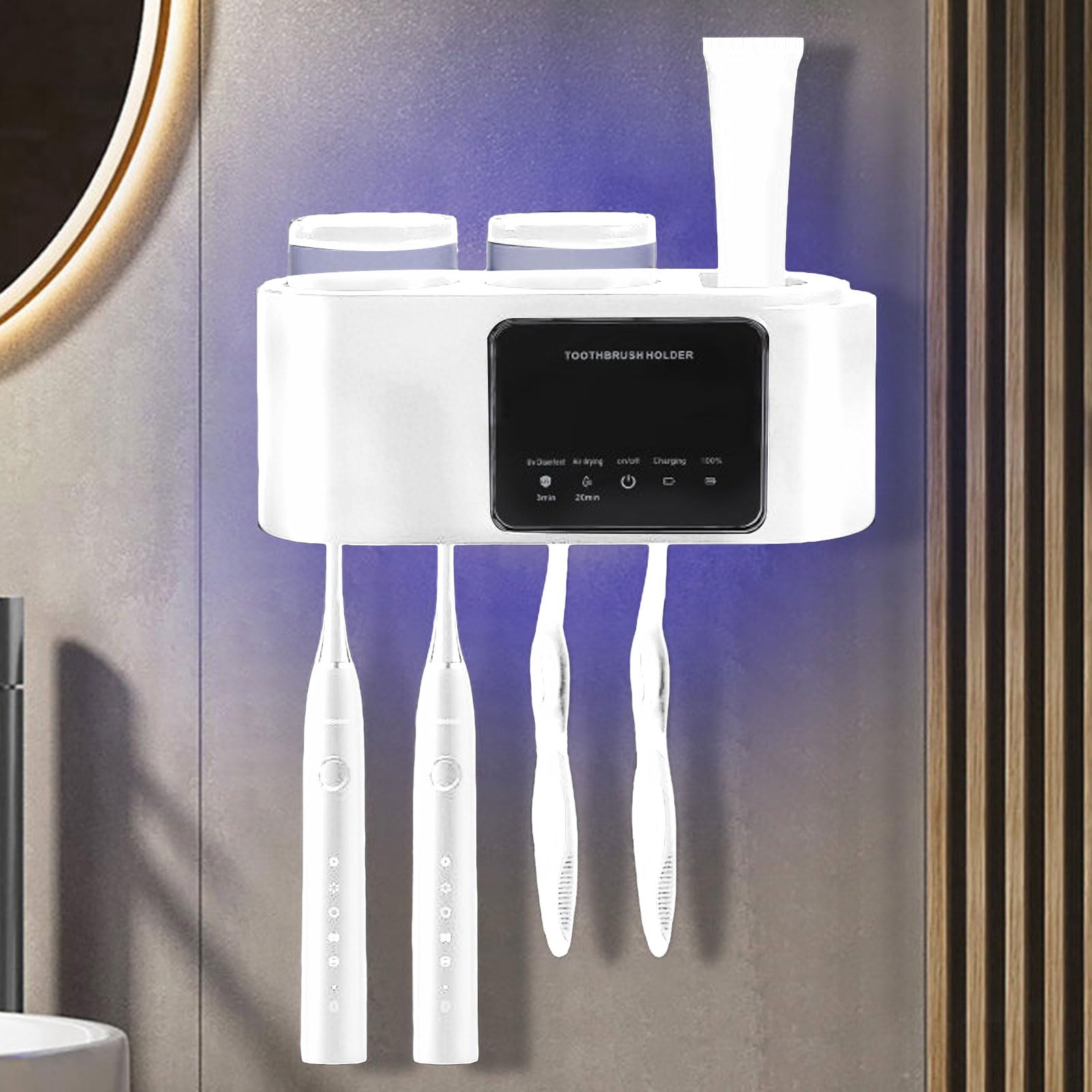 Portaspazzolino da parete con vano portaoggetti, supporto per spazzolino elettrico con funzione di asciugatura e pulizia per il bagno, 4 fessure per pennelli, 2 bicchieri (bianco)