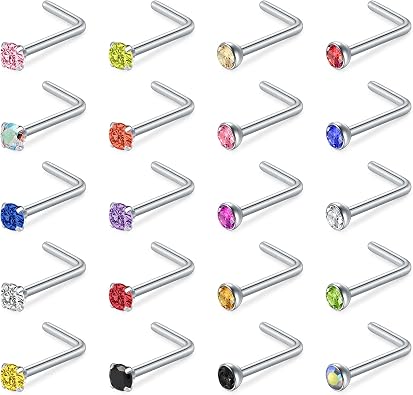 20G Nose Rings Hoops Studs, Stainless Steel Round CZ L Shaped Nose Screw Straight Studs, Hypoallergenic Diamond Double Nose Hoops, Clear Nose Rings For Women Men Nostril Piercing Jewelry