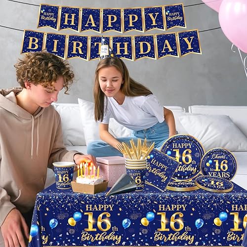 Miniatura 64 de Decoración de cumpleaños número 50 para hombre, juego de vajilla de cumpleaños azul marino y dorado (reserva para 20), incluye platos de feliz
