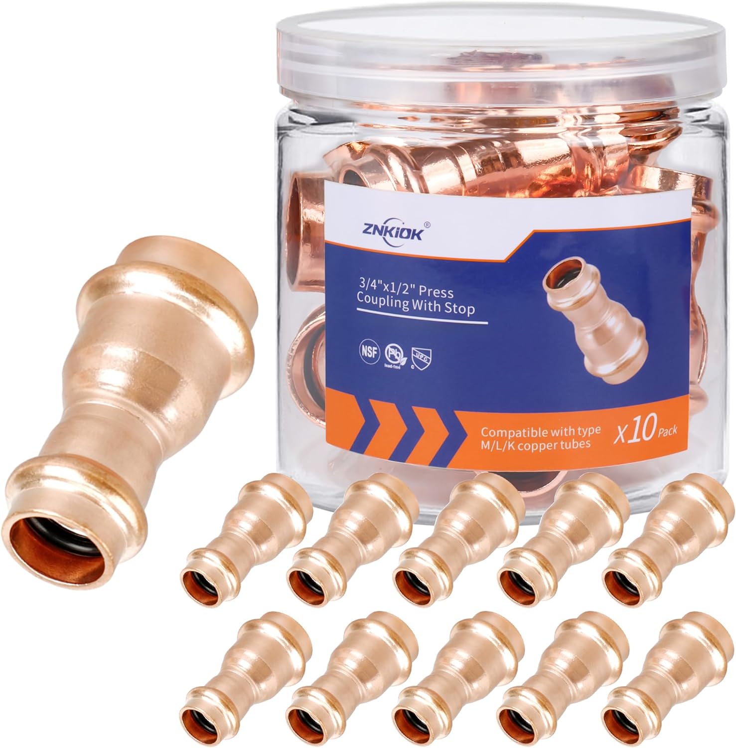 (Znkiok 10 Pack) Press Fittings Zero Lead,3/4"x1/2" Press Coupling With Stop For Copper Tube Connection,UPC,NSF/ANSI61.