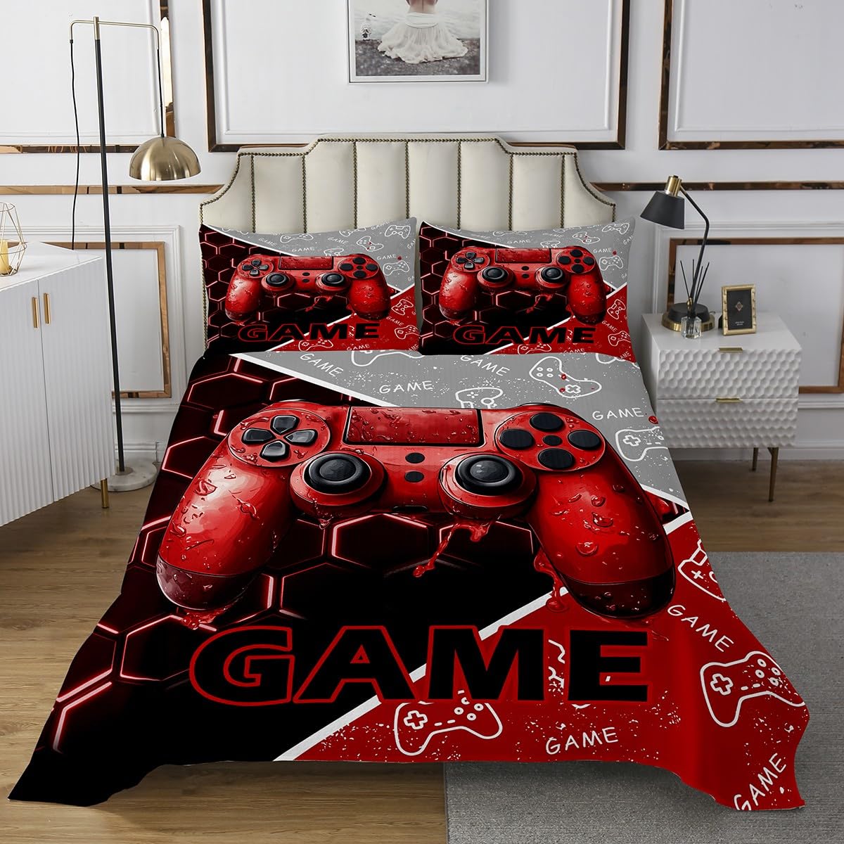Game Consoles Bedspread for Kids Boys,3D Gamepad Gaming Sports Gamer Gifts Coverlet Set Bedroom Decor Soft Quilted,Red Neon Hexagon Geometry Patchwork Quilt Set with 1 Pillow Sham, Twin Size