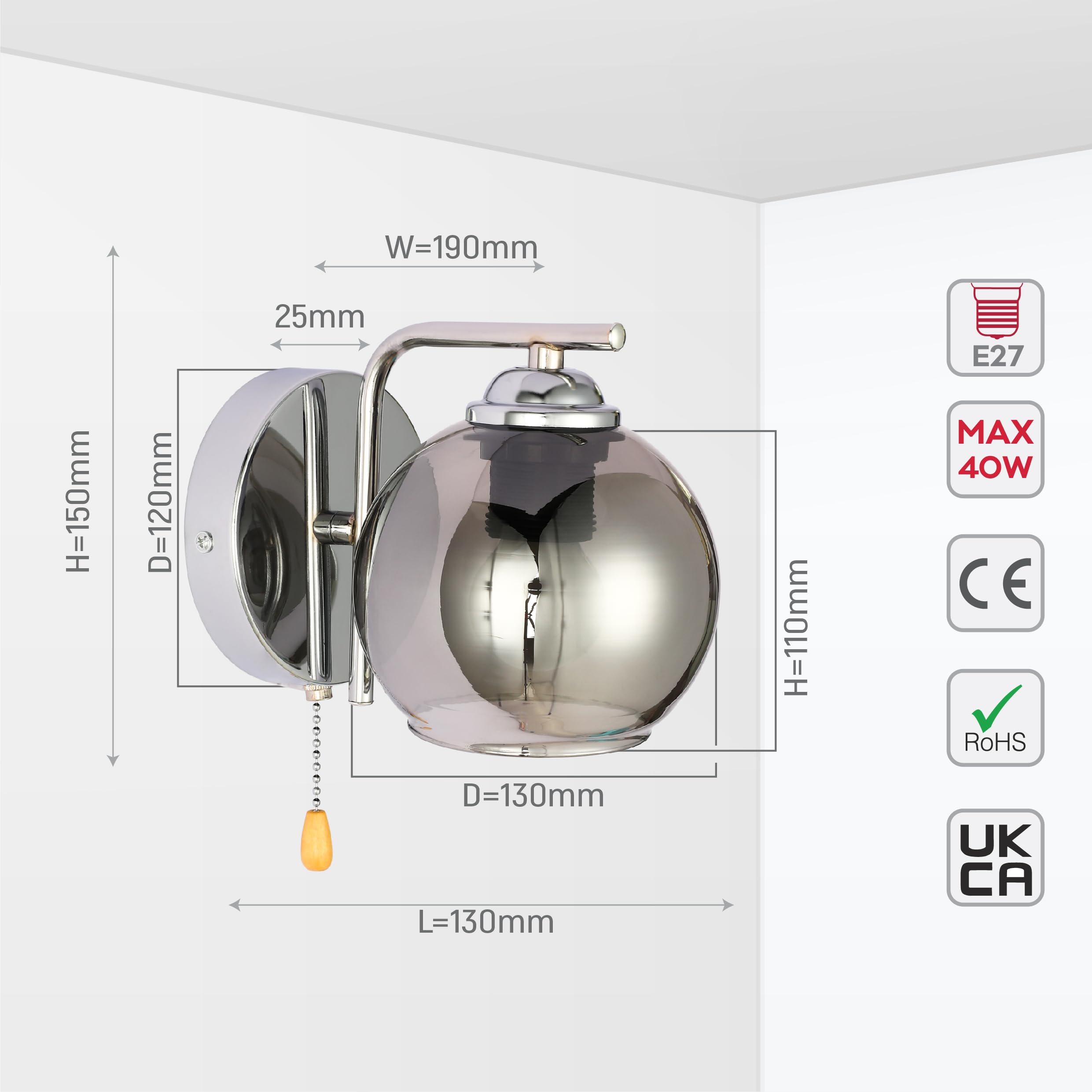 TEKLED myHome L-Shape Dome Glass Wall Light | E27 Fitting and Pull Down Switch | for Bedrooms Living Rooms Study Rooms Cafes Bars Restaurants | Chrome - Smoky (Bulb not Included) - Image 3