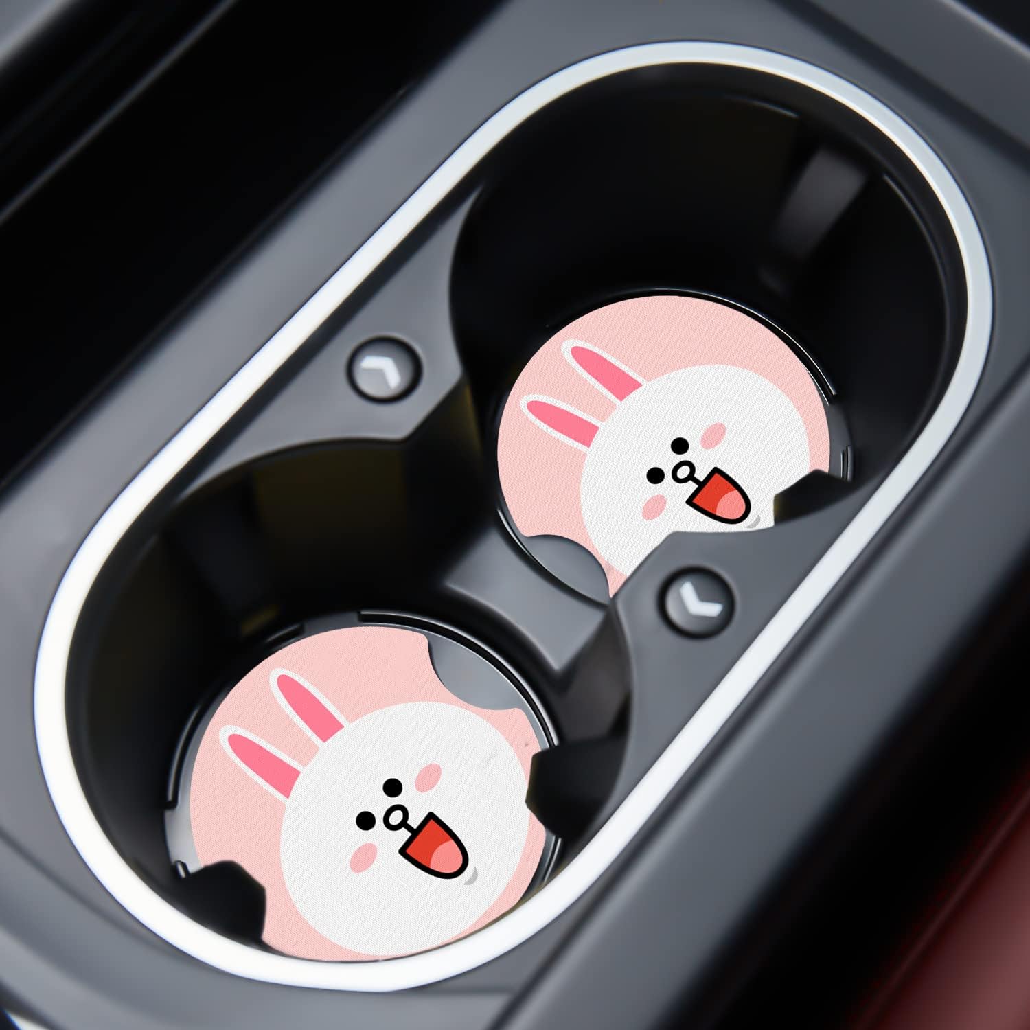 Jupswan Car Cupholder Coaster Absorbent 2 Pack Cute Funny Fun Cartoon Pink White Bunny Rabbit Design Rubber New Automotive Cup Holder Decal Decor Accessories for Women Men DZ101