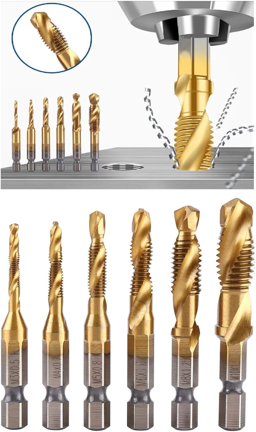 Depolife Klavuz Seti 1/4 Bıts Kendinden Matkap Uçlu M3 M4 M5 M6 M8 M10 Titanyum Ahşap Metal Matkap Uçlu
