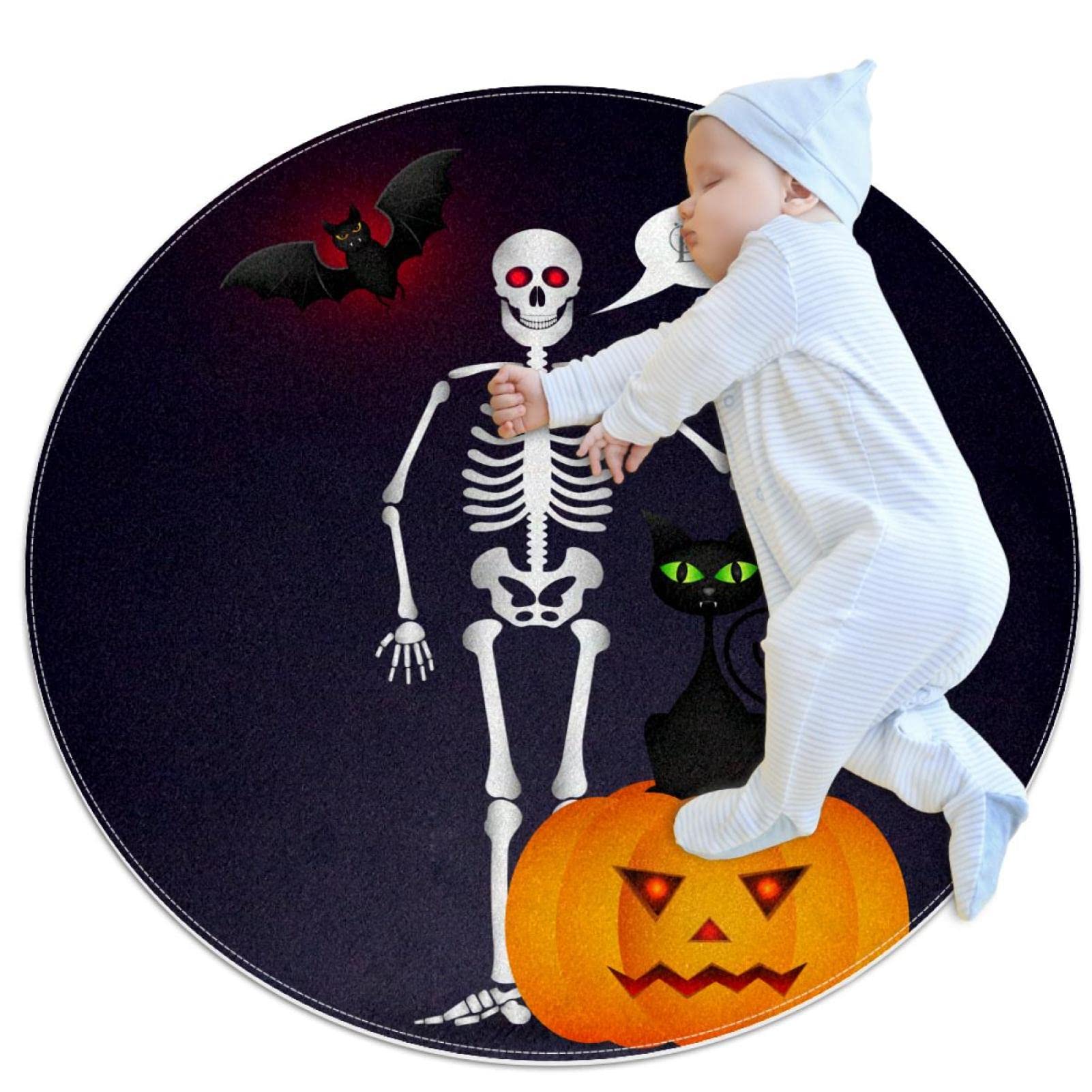 Tapis de salle de bain antidérapant rond 1m à motif Halloween chat noir et citrouille