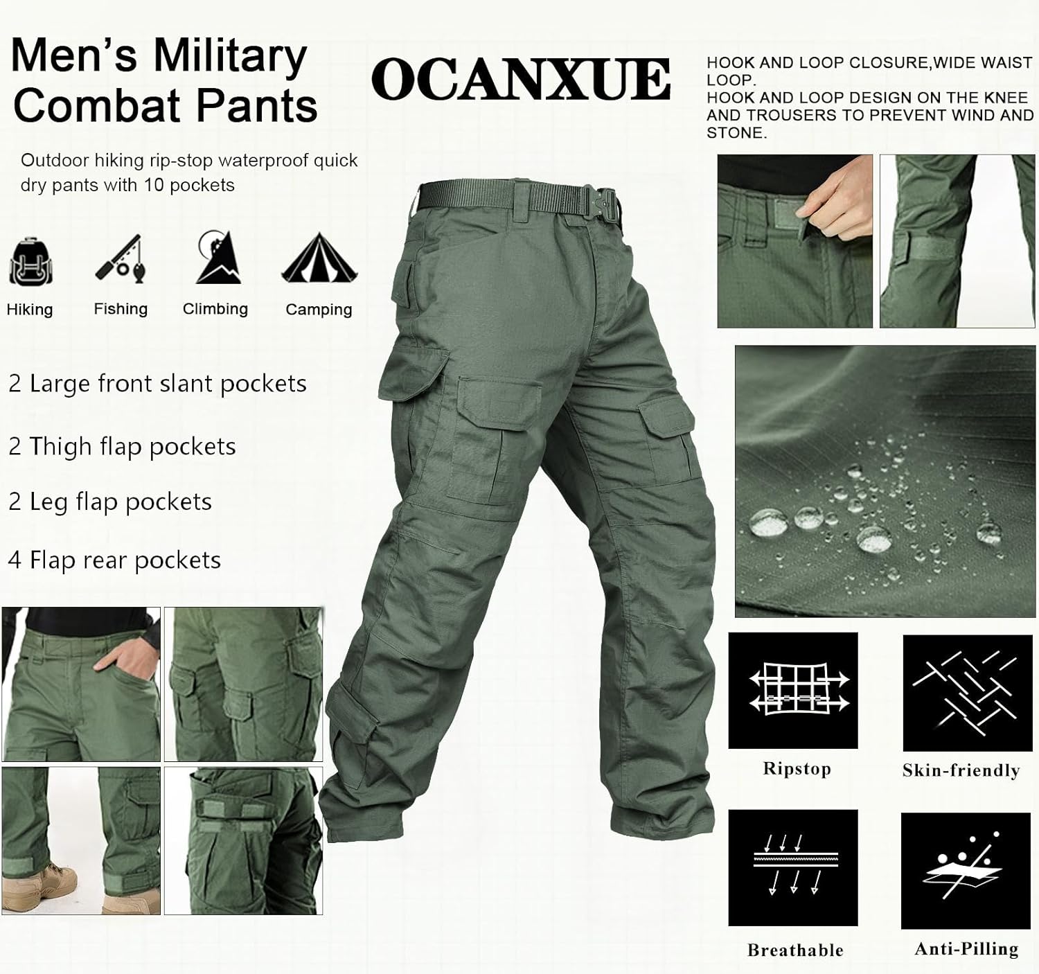 Men's Tactical Pants Camo Cargo Pants Ripstop Work Hiking Pants with 10 Pockets No Belt
