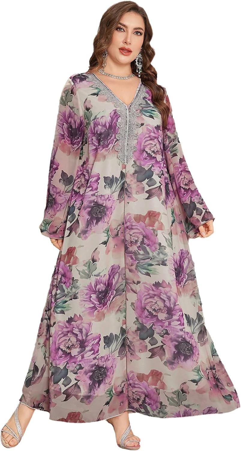 Spring Summer 2026 Plus Size Womens Dresses V Neck Casual Elegant Long Sleeve Floral Print Maxi Dress