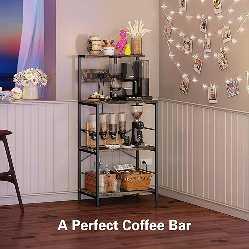 Miniatura 7 de Anycoo Estante para panaderos con 3 tomas de corriente, soporte de microondas de 4 niveles con almacenamiento, estante de cocina independiente de