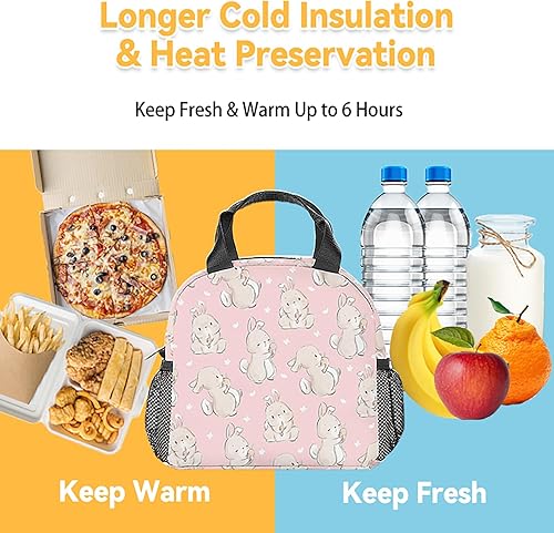Miniatura 6 de Lonchera de conejo para niñas, bolsas de almuerzo de conejo reutilizables con aislamiento, congelables, pequeña y bonita lonchera rosa para niños,