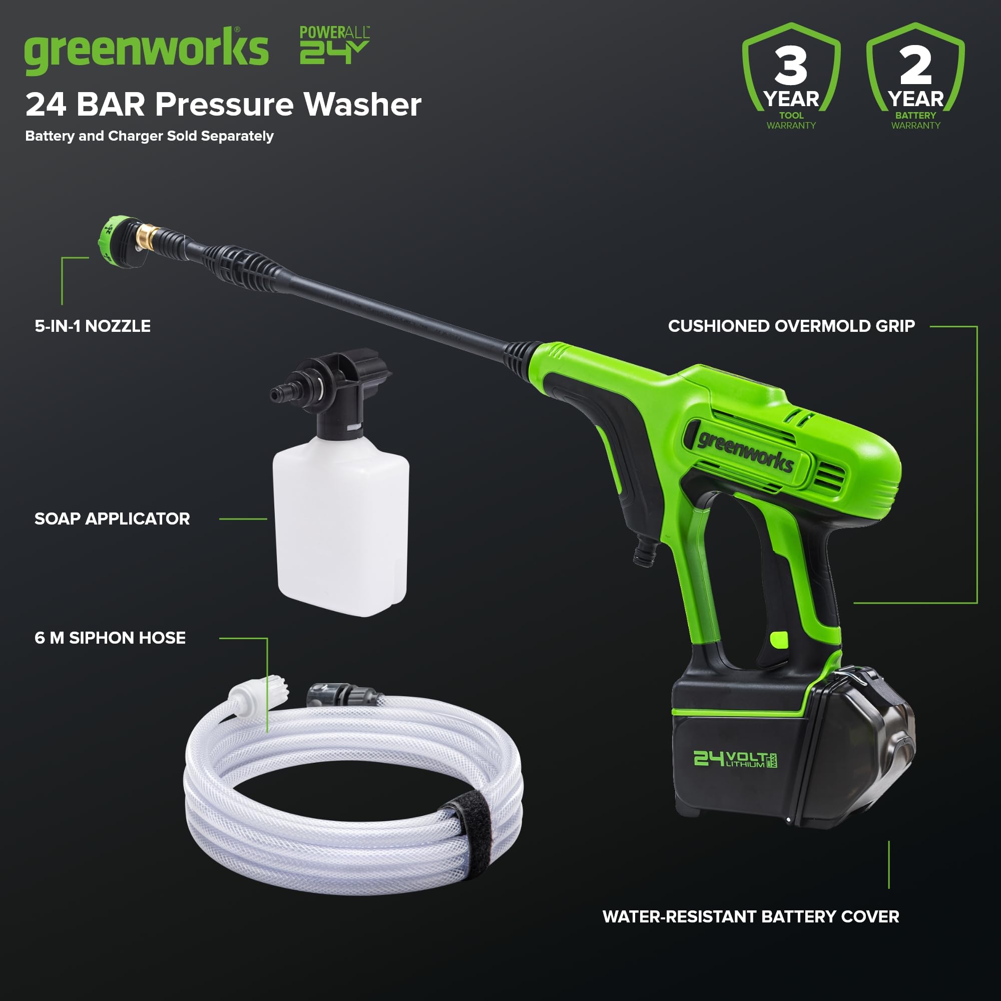 Greenworks Idropulitrice a batteria G24PWK4 (Li-Ion 24V, motore 300 Watt, pressione 24 bar, portata 180 l/h, 5 ugelli spray, tubo di 6 m, con batteria 4Ah e caricatore)