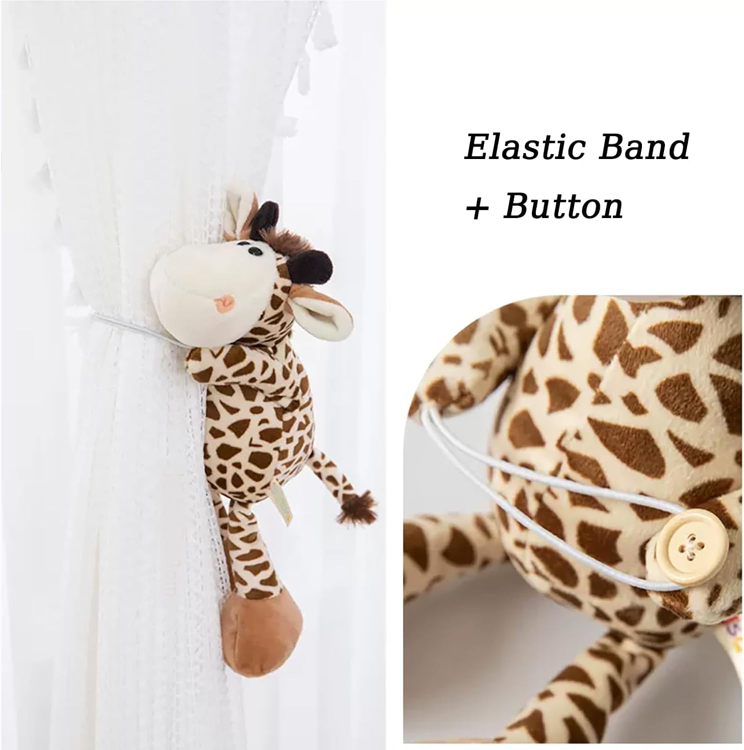 Curtain Tiebacks, 1 Pair Cute Animal Curtain Holdbacks for Drapes, Buckle Hook Fastener Curtain Tie Backs Holder for Nursery Decor, Kids Bedroom Window Decorations (Giraffe)