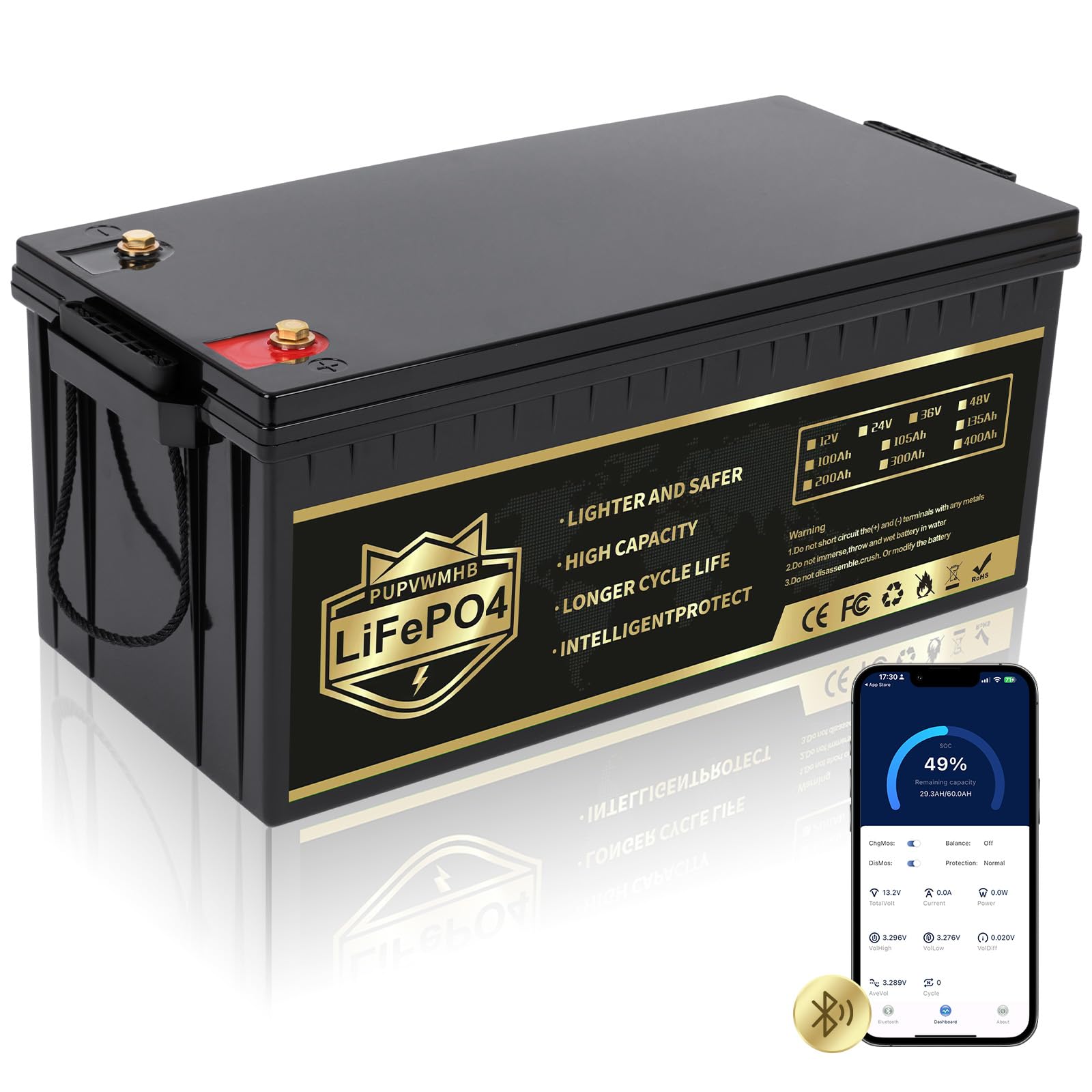 36V 105Ah Golf Cart LiFePO4 Lithium Battery, Bluetooth Lithium Battery,200A BMS,Up to 8000 Cycles, with 10 Years Lifetime Low Temp Cut off, Perfect for RV, Solar, Trolling Motor
