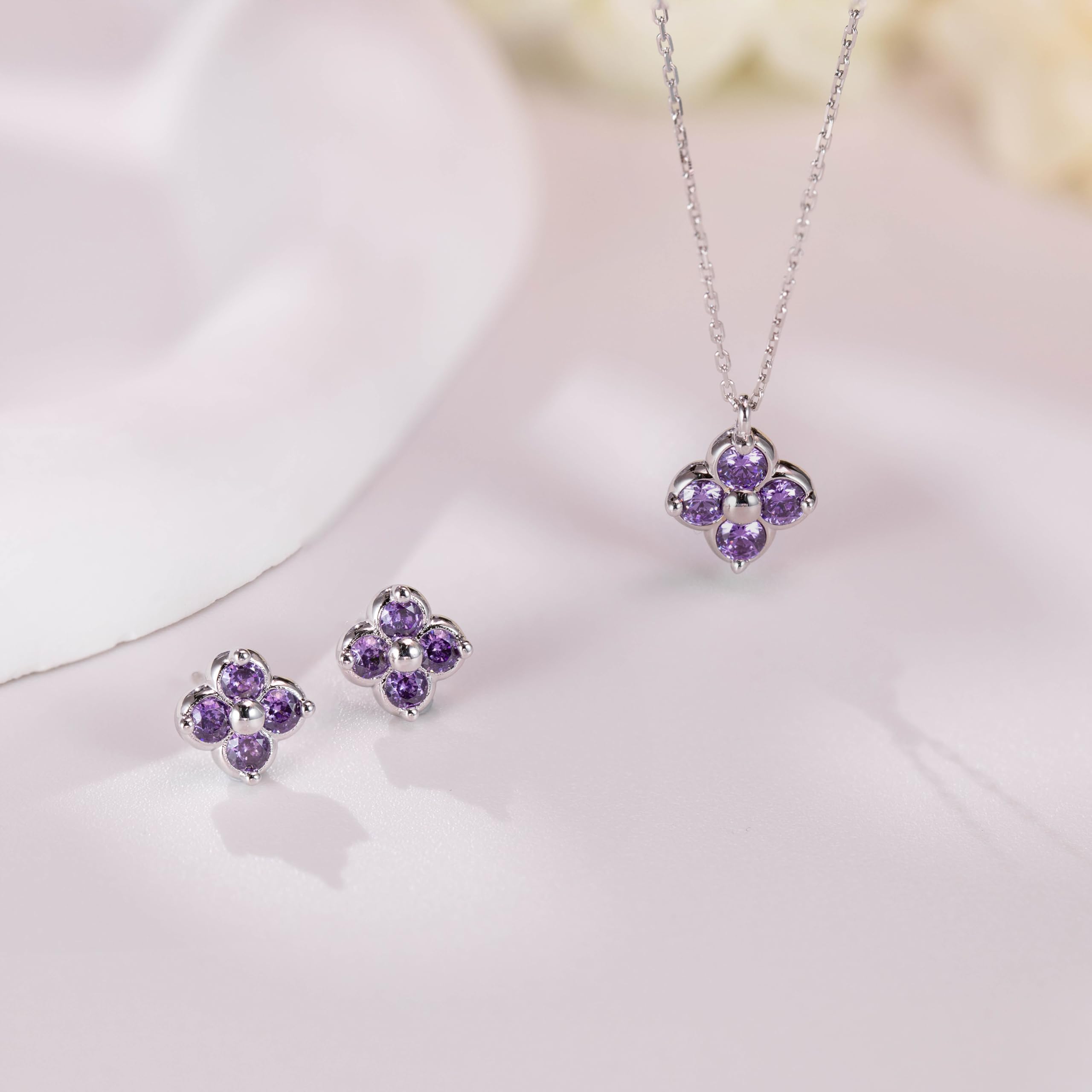 Amethyst Schmuckset Silber 925 Damen Kleeblatt Anhänger 45cm | Hypoallergen,Amethyst Halskette und Ohrringe Set,Februar Geburtsstein,Valentinstagsgeschenke,Tägliches Tragen,5A Zirkon
