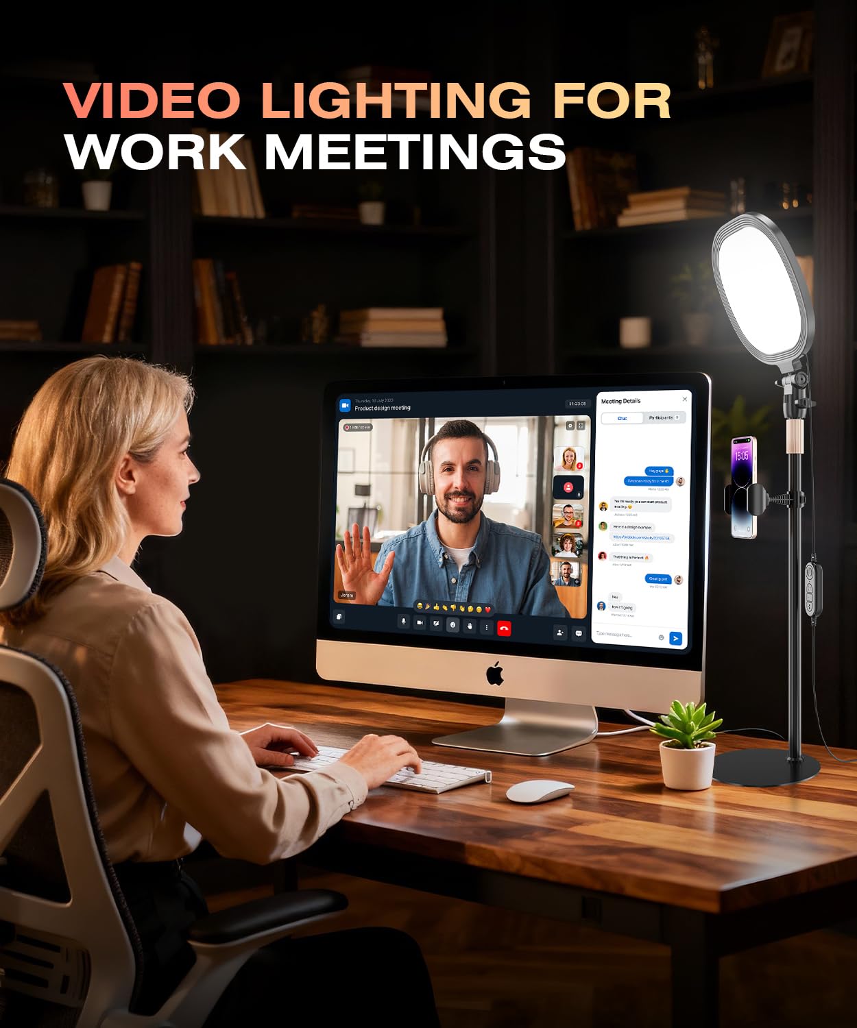 PQRQP Luce ad anello per scrivania, illuminazione morbida per zoom e videochiamate, luce selfie con supporto e supporto per telefono, CRI 97+ luce webcam per registrazione, streaming, casa e ufficio