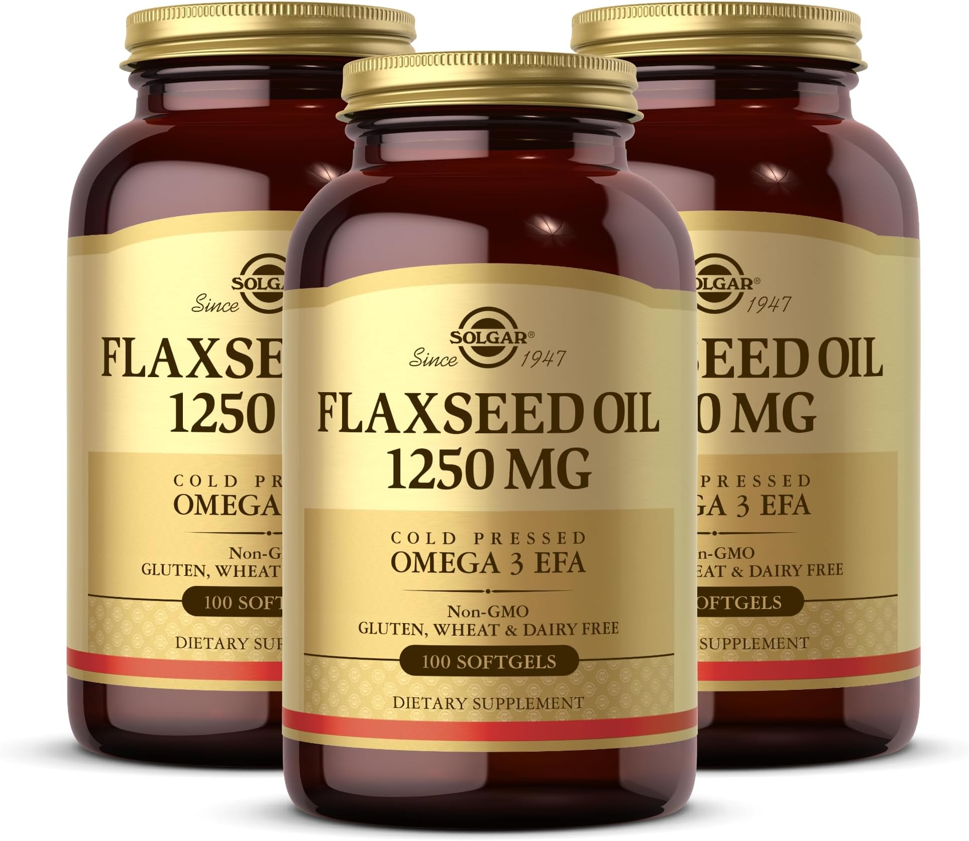 Flaxseed Oil 1250 mg - 100 Softgels, Pack of 3 - Concentrated Plant Source of Omega-3 Alpha-Linoleic Acid (ALA) - Non-GMO, Gluten Free - 150 Total Servings