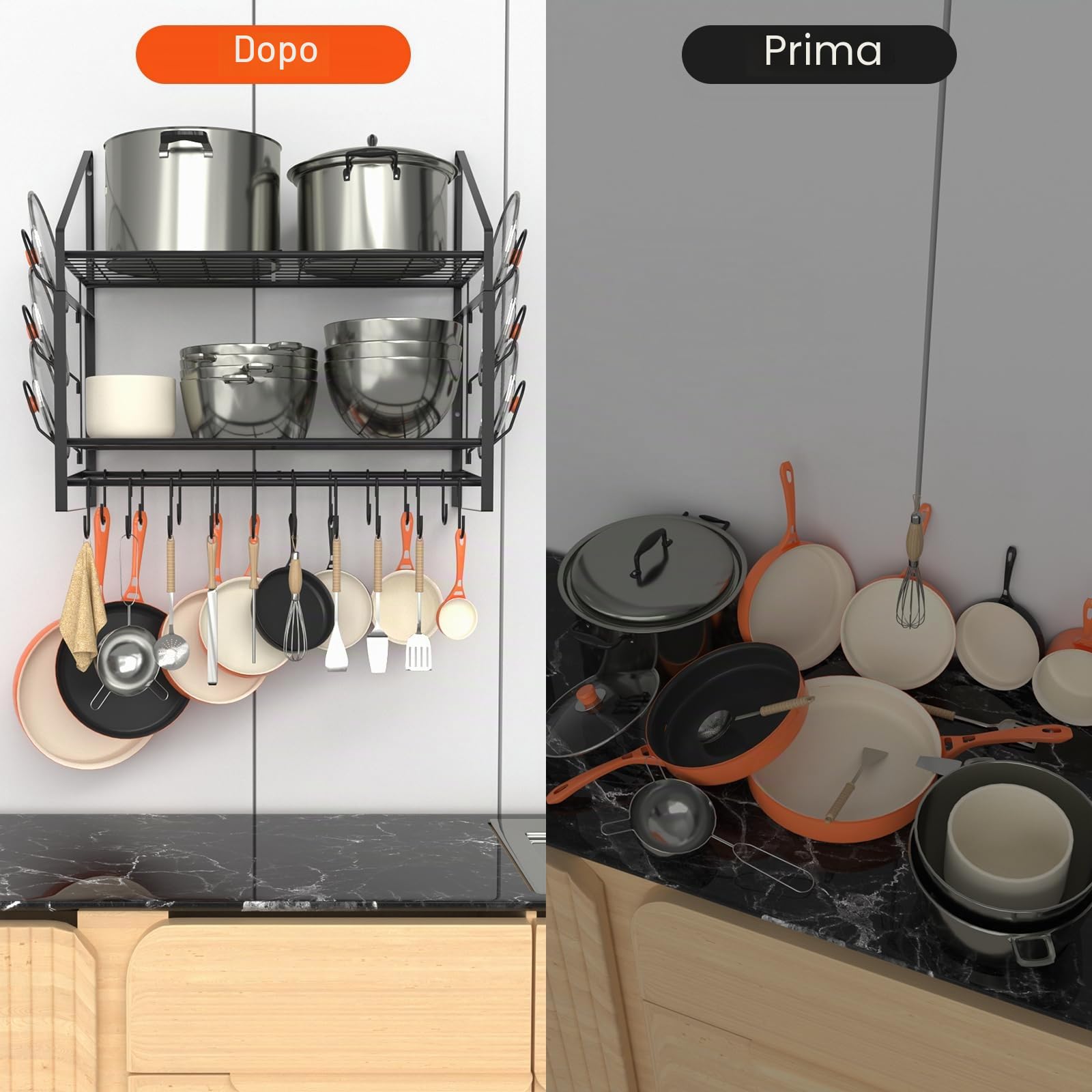 VyGrow Scaffale da parete da 71 cm, organizer per pentole e padelle a 2 livelli con 20 ganci e 6 supporti per coperchi, in acciaio resistente, per pentole e padelle da cucina, 88,1 cm di lunghezza x