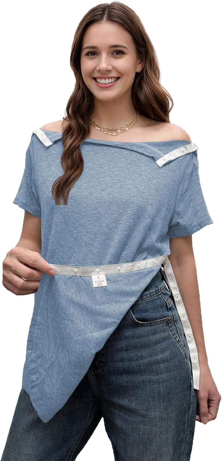 Post Shoulder Surgery Shirts for Women Tear Away Side Snap Short Sleeve Chemo Port Shirts Adaptive Clothing Postpartum Shirt
