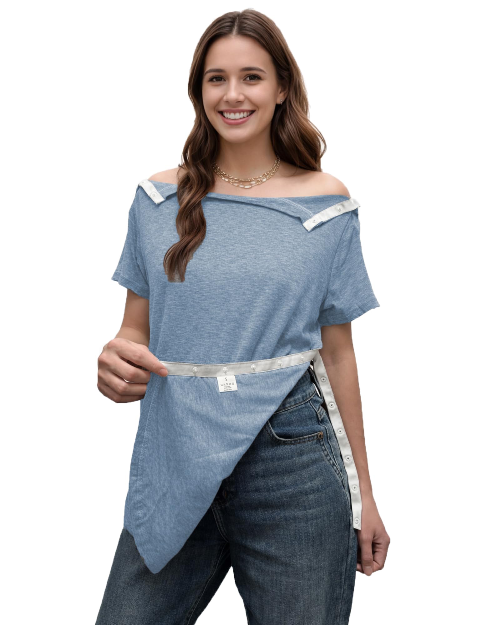 Post Shoulder Surgery Shirts for Women Tear Away Side Snap Short Sleeve Chemo Port Shirts Adaptive Clothing - 4