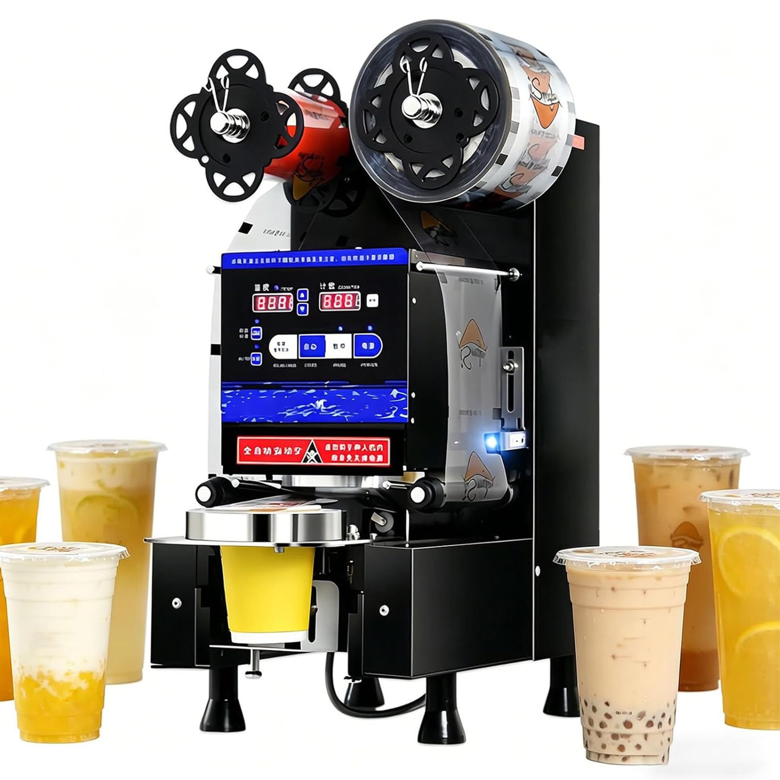 Máquina selladora de vasos de 90/95 mm con contador LCD y capacidad de 800 vasos/hora.